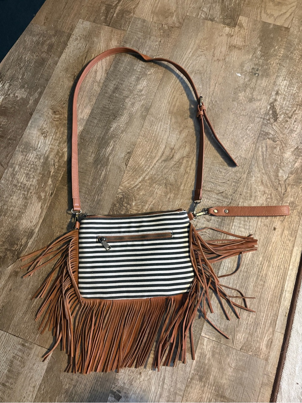 MMS Design Studio Black & White Striped Fringe Crossbody with Tan Strap